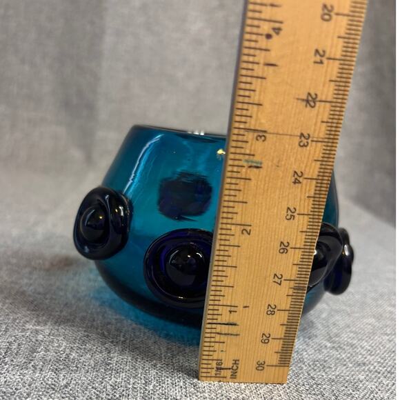 Hand Blown Sapphire Blue Mexican Art Glass Votive Bowl with Glass Medallions - Picture 2 of 5